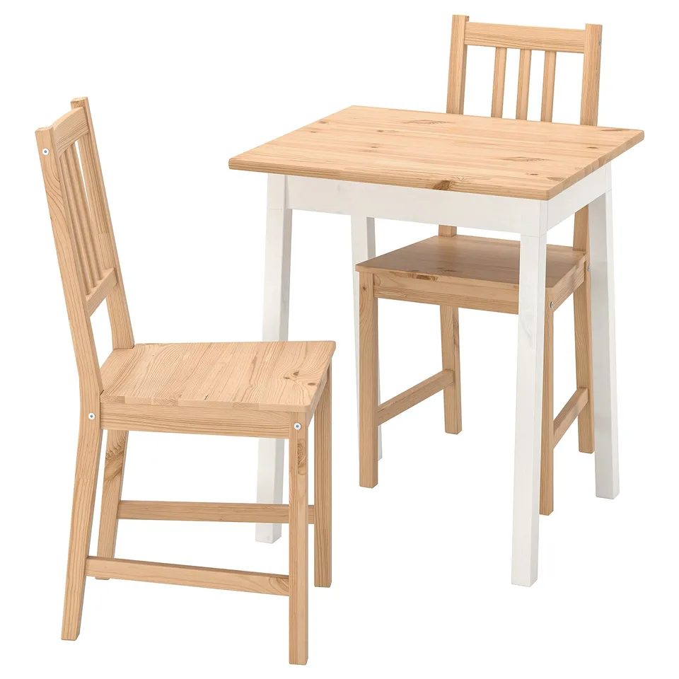 PINNTORP: compact dining set with table & 2 chairs, solid pine wood.