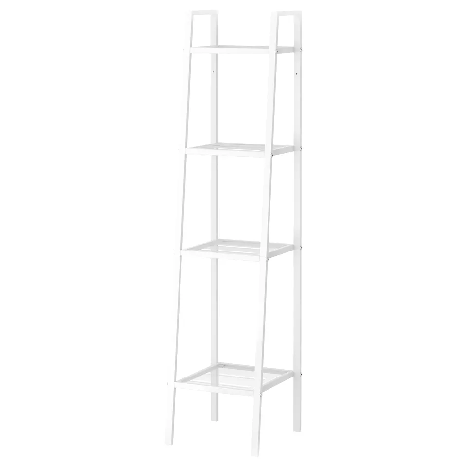A white LERBERG bookshelf with shelves of varying depths, made of steel and powder-coated for durability, displaying a classic and modern design.