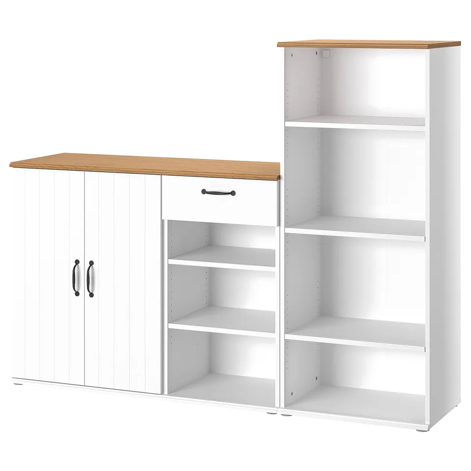 SKRUVBY storage set: white cabinet & bookcase, wooden top, black handles.
