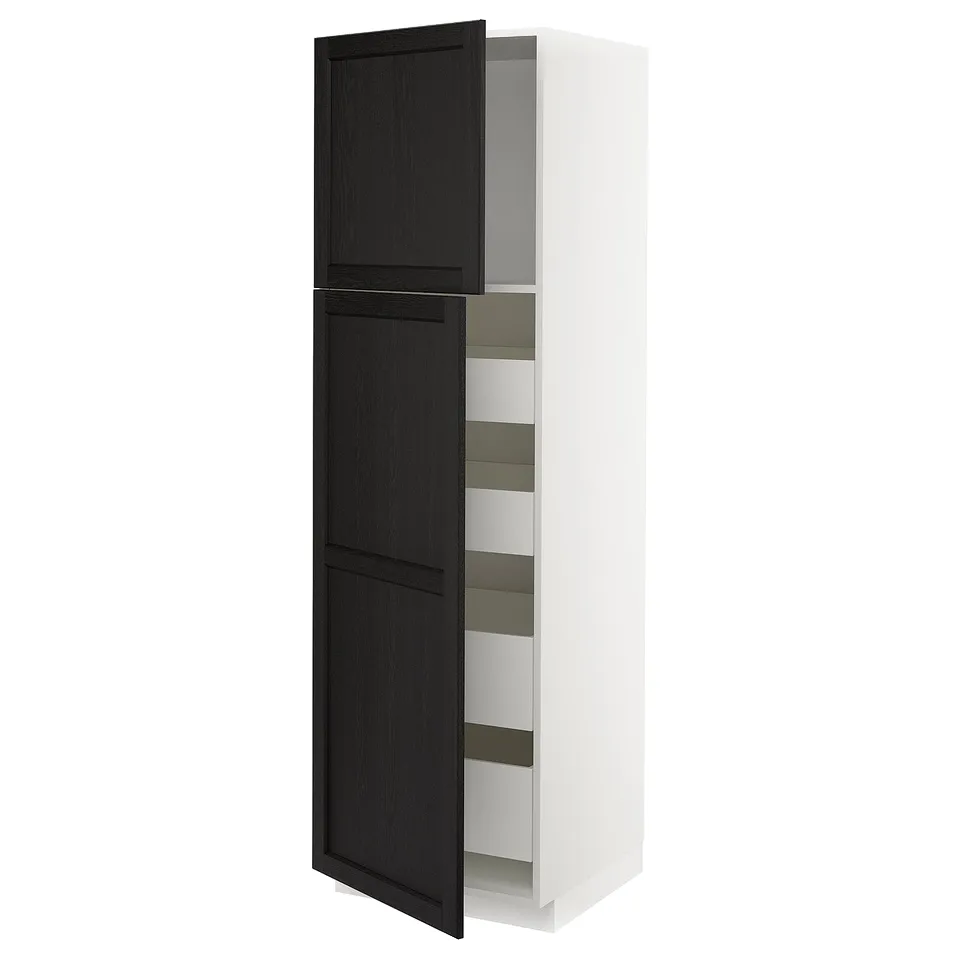 An open METOD kitchen cabinet with dark wooden doors and white shelves.