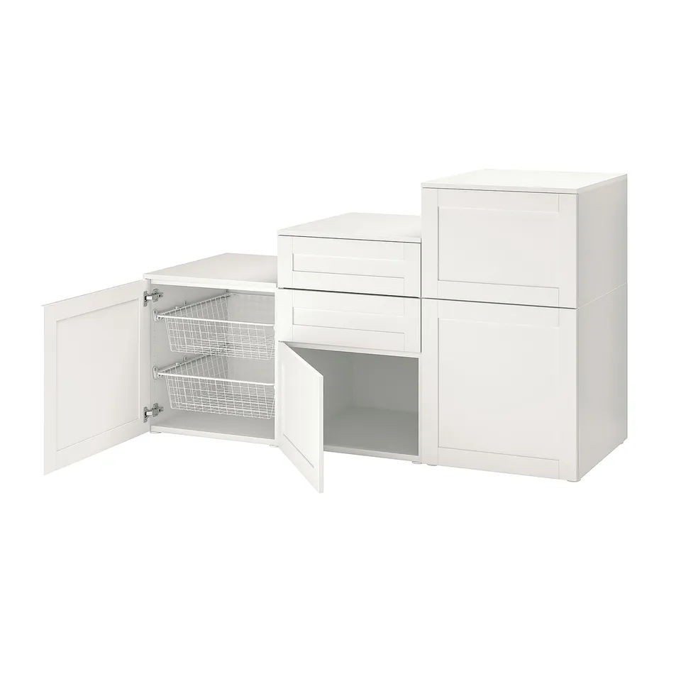 White PLATSA storage set, modular with open and closed sections, metal baskets, sleek design.