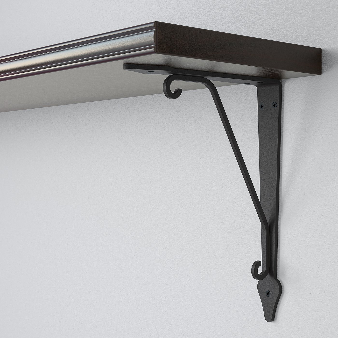 Wall-mounted wooden shelf with dark metal brackets. Shelf has bevelled and smooth edges, securely fixed to the wall.