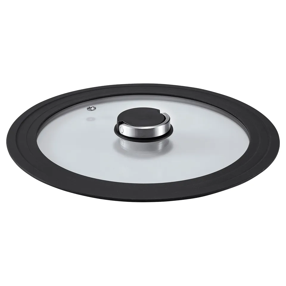 KLOCKREN lid: clear glass, black rim, round, stainless handle.