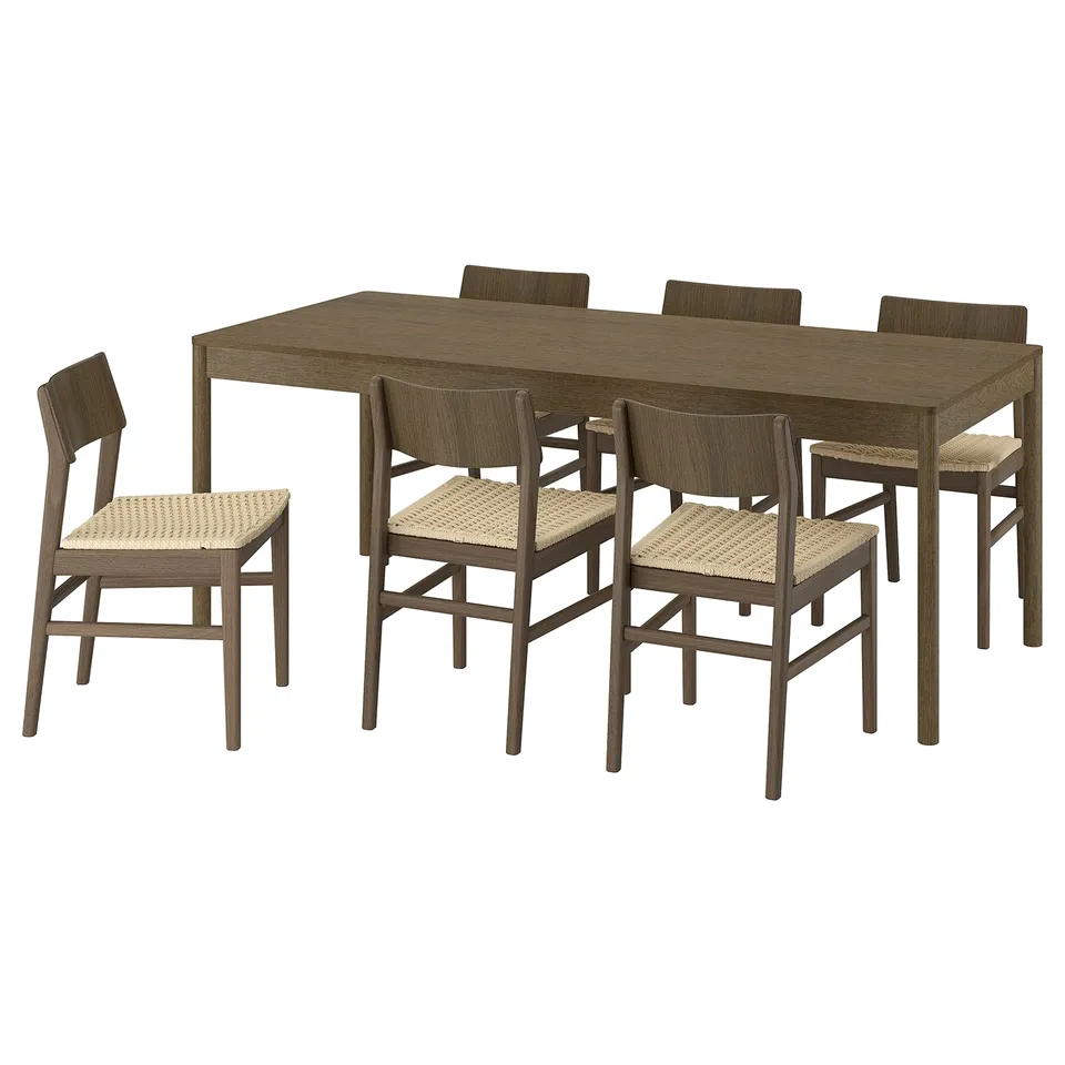 TONSTAD dining set: dark wood table & 6 matching chairs with woven seats.