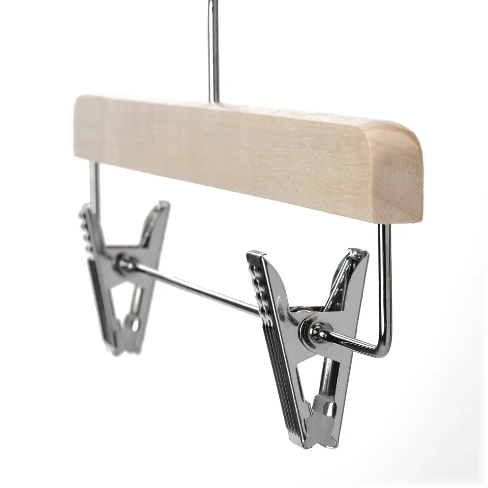 Adjustable hanger for skirts/trousers, keeps clothes wrinkle-free, stainless steel, chrome, solid wood.