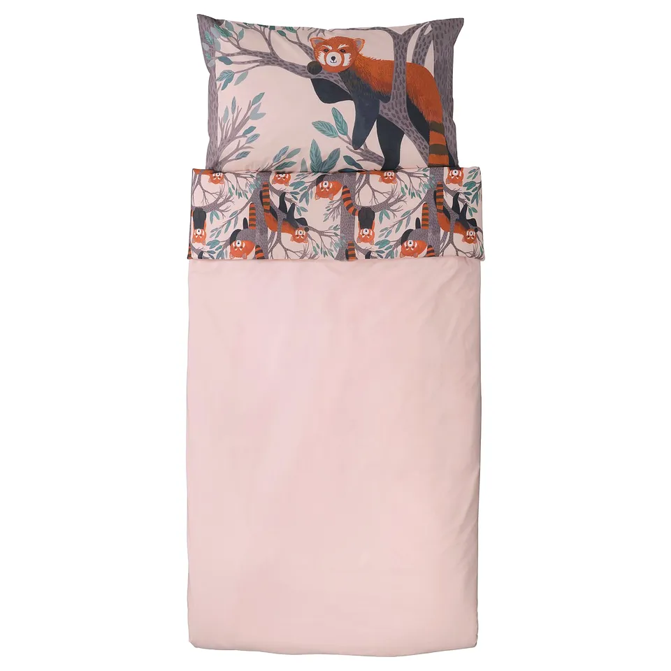 A pink ALPTALL duvet cover set featuring a red panda design, made of 100% cotton.