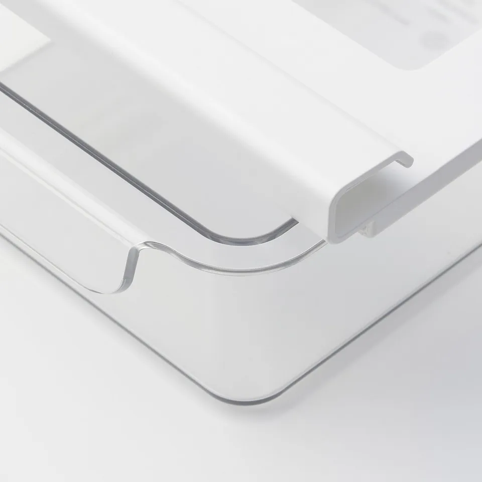 Clear plastic storage box with metal rail, ideal for fridge organisation.