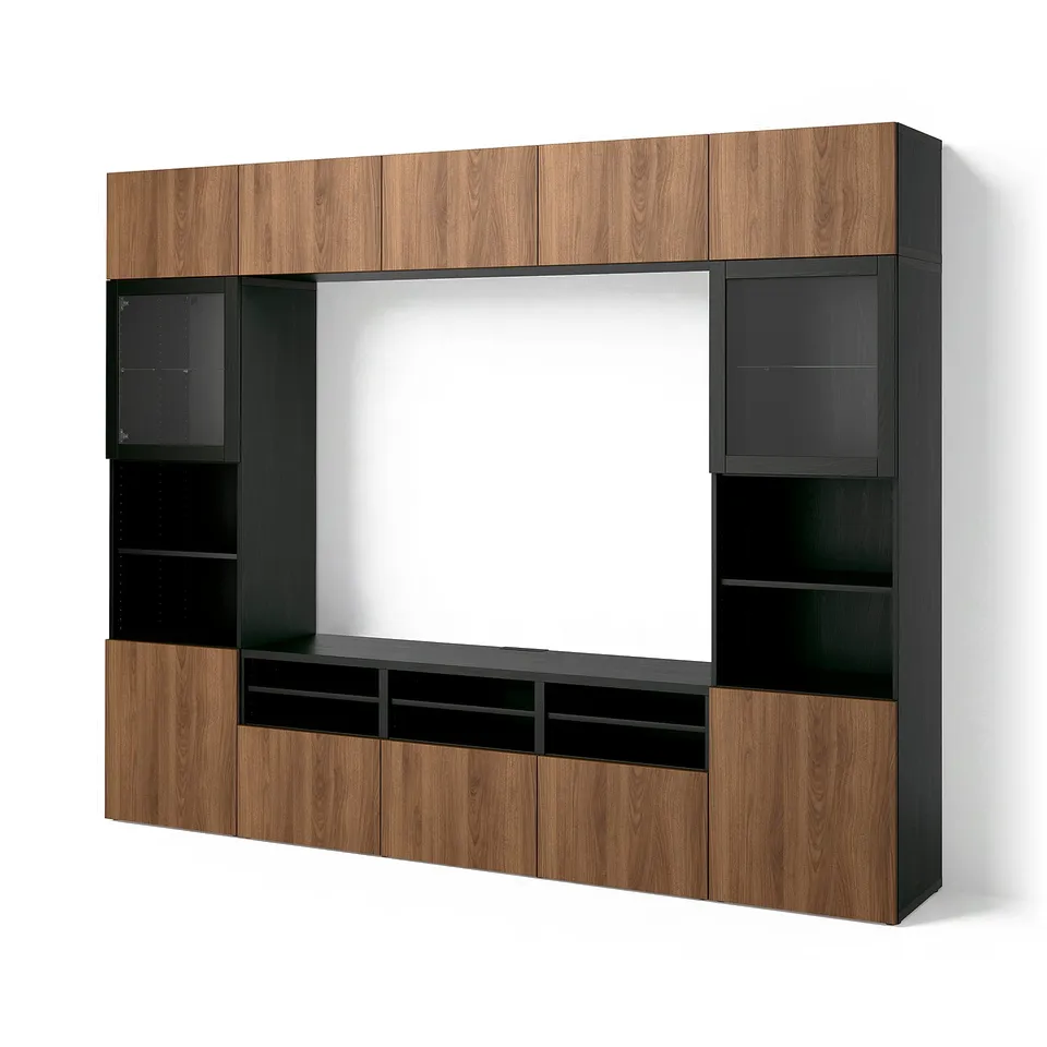 BESTÅ TV storage combination/glass doors, black-brown Lappviken/brown walnut effect, 300x42x231 cm