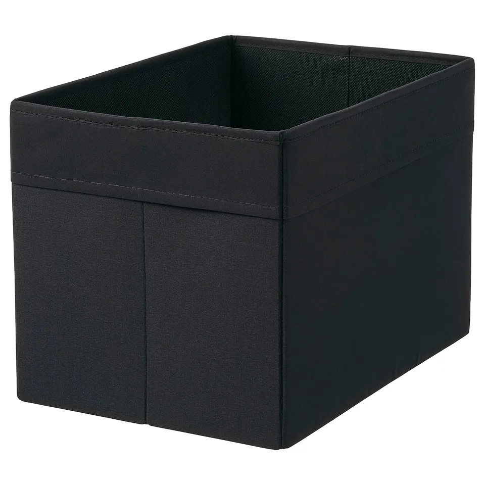 Black fabric storage box DRÖNA, square shape, stylish design, handles on sides.