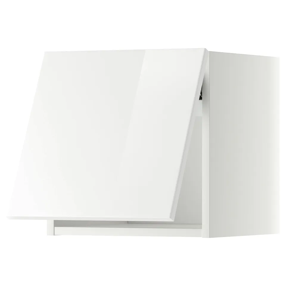 White high-gloss kitchen cabinet, rectangular, modern design with sleek lines.