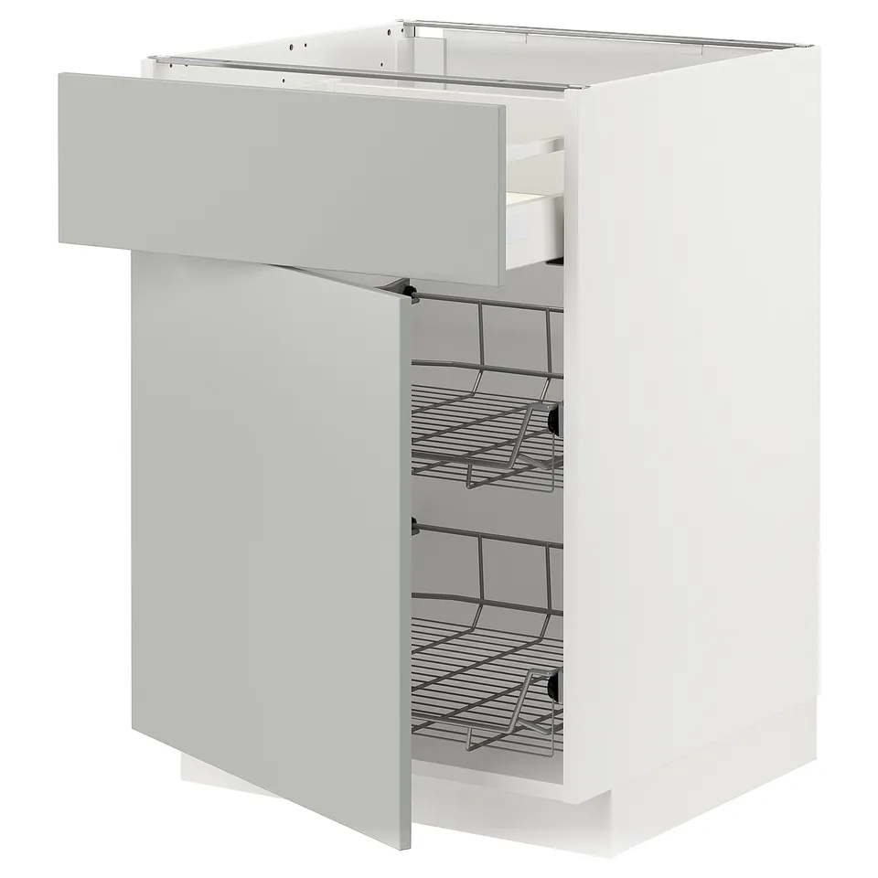 Modern white kitchen cabinet with open wire shelves, sleek design.