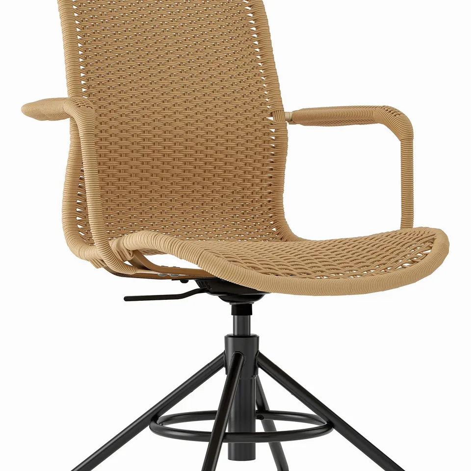 Woven chair with adjustable seat & armrests, swivel base, supports lower back.