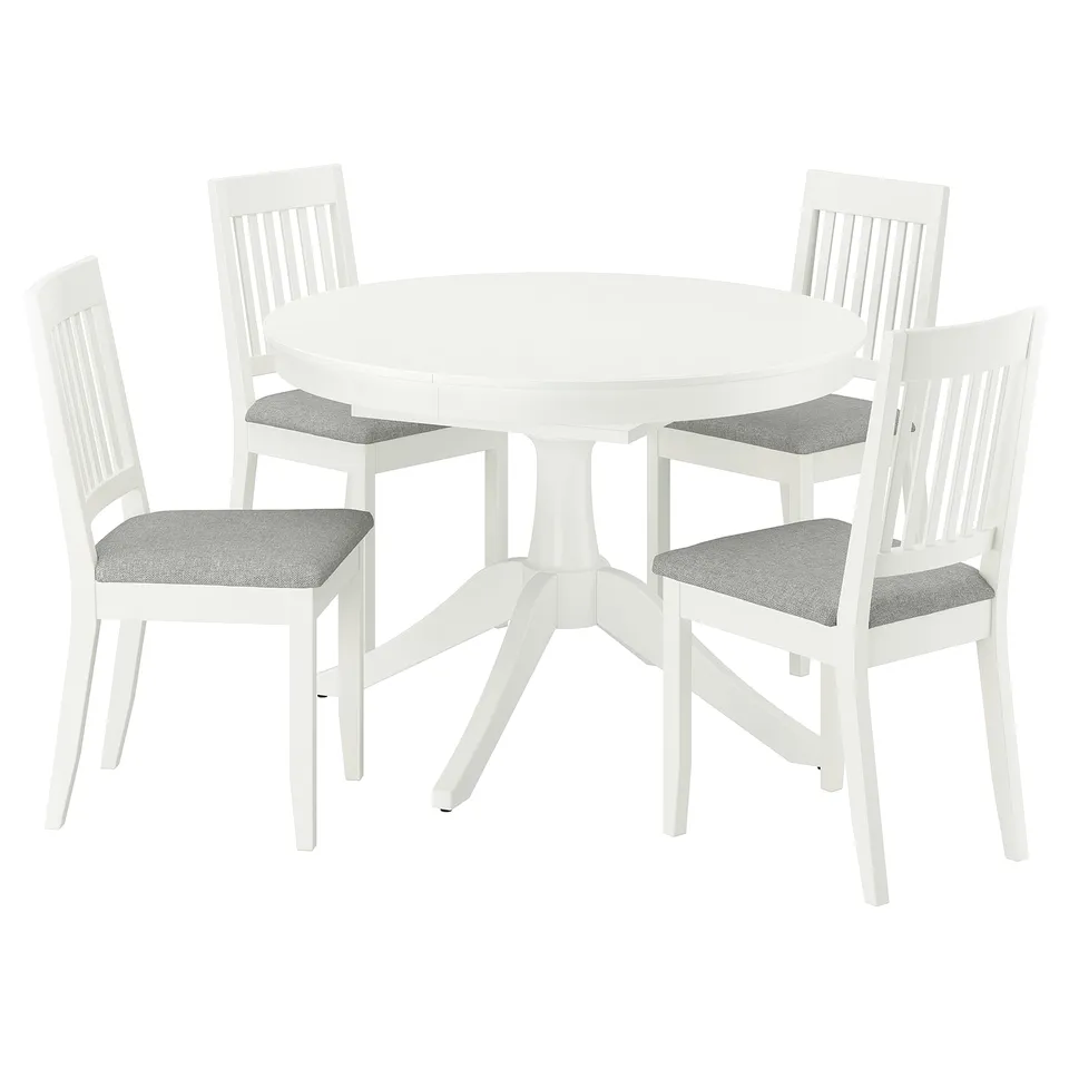 White ROSENTORP dining set: round table, 4 upholstered chairs.