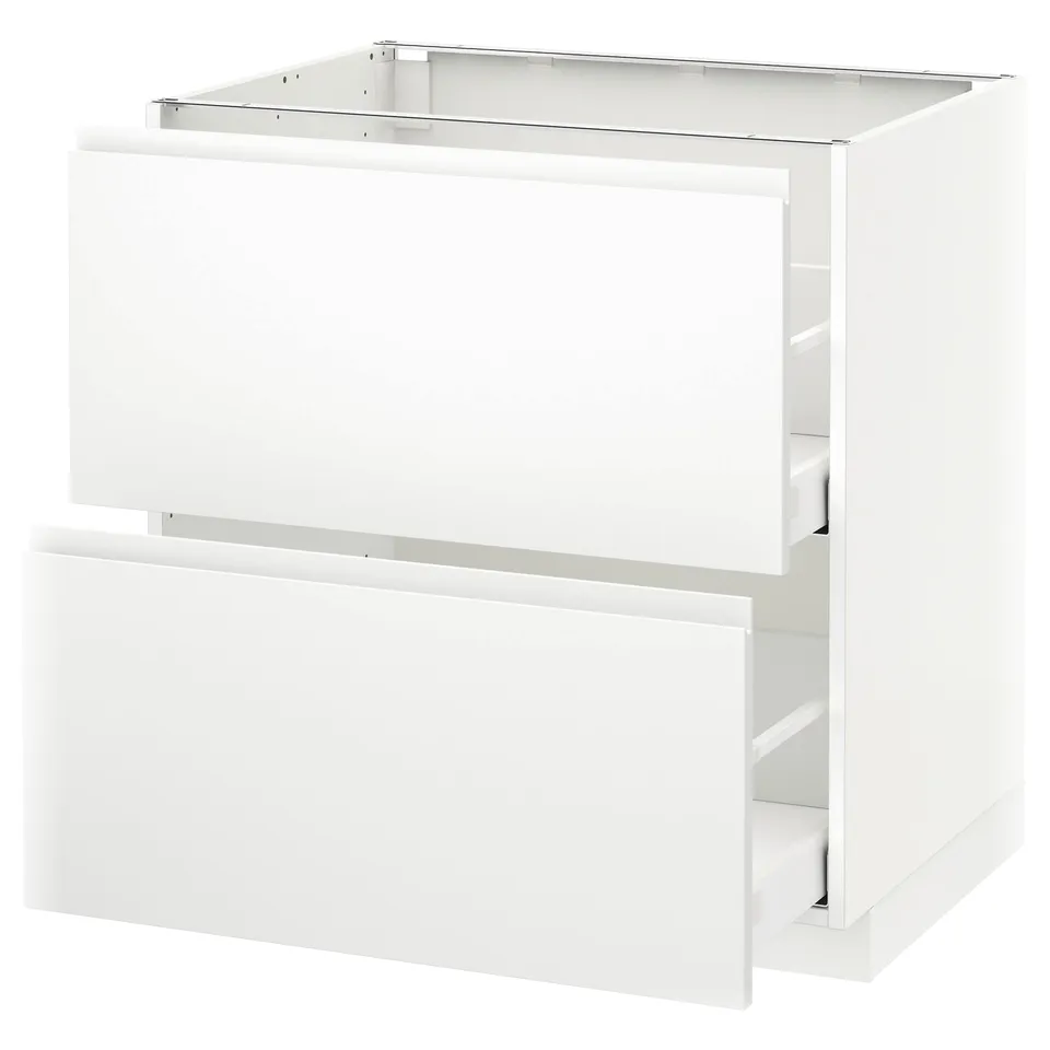 A white METOD kitchen cabinet with multiple drawers and a modern design.