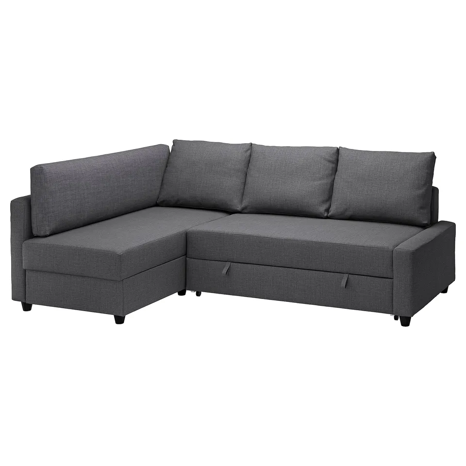 Grey l-shaped convertible sofa with storage, dark legs, three cushions.
