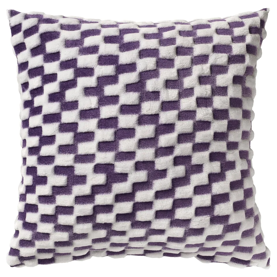 White BLÅSKATA pillow with purple 3d draughts, recycled polyester.