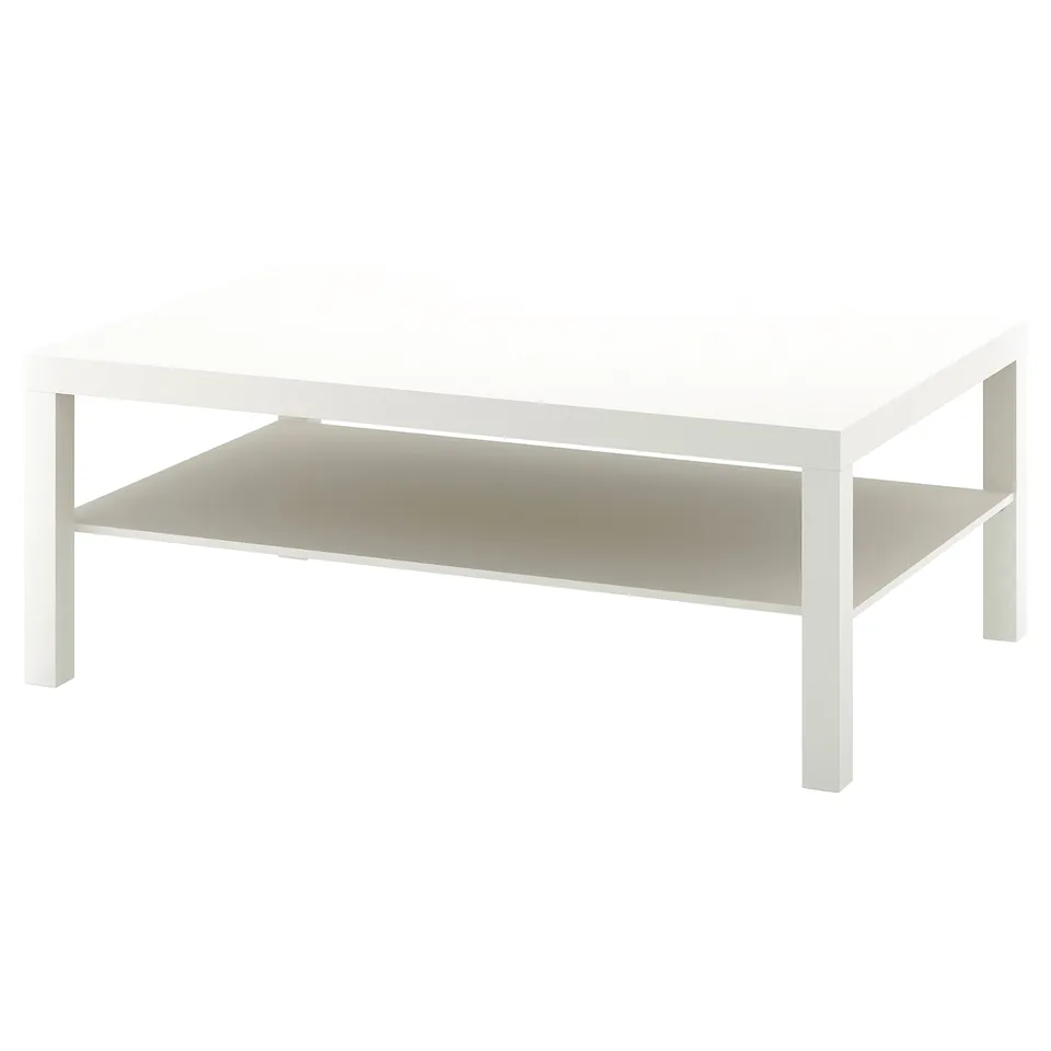 White LACK coffee table, square, minimalist with clear top and bottom shelf.