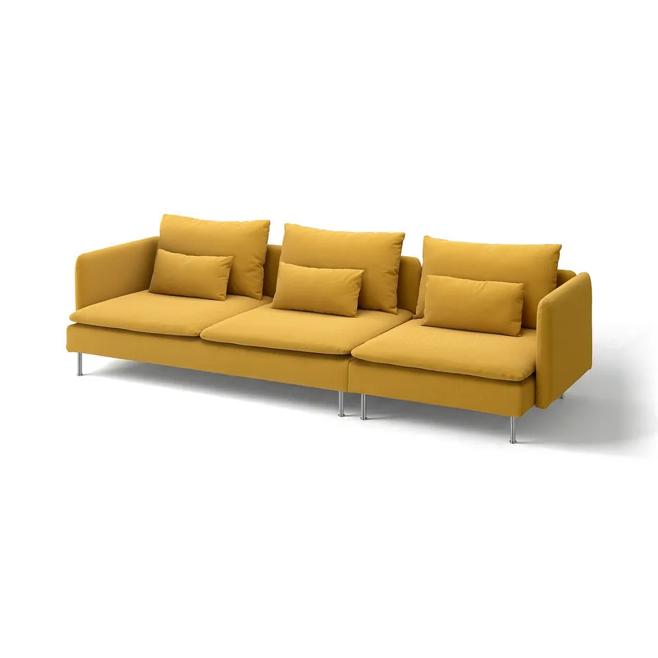 Mustard yellow SÖDERHAMN sofa with cushions on white background.