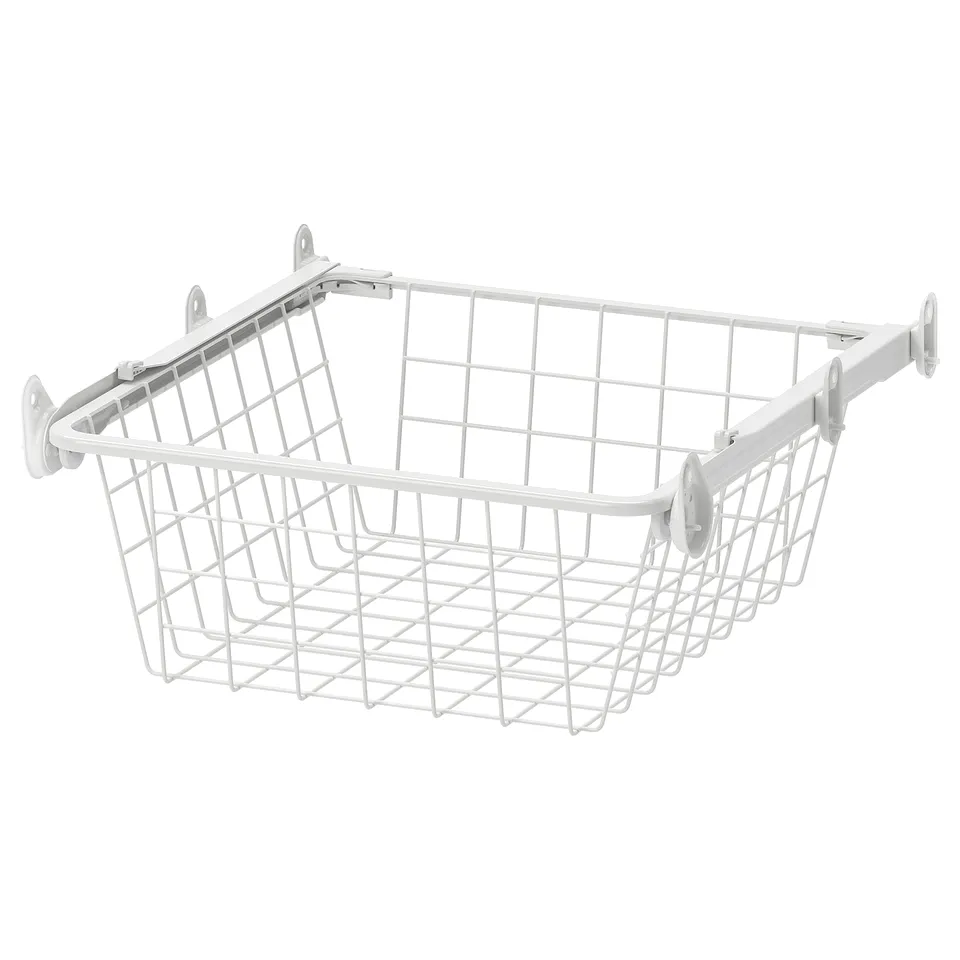 A white wire storage basket, ALTARLIDEN. It has a grid design, supported by four hooks, perfect for organising and allowing air circulation.