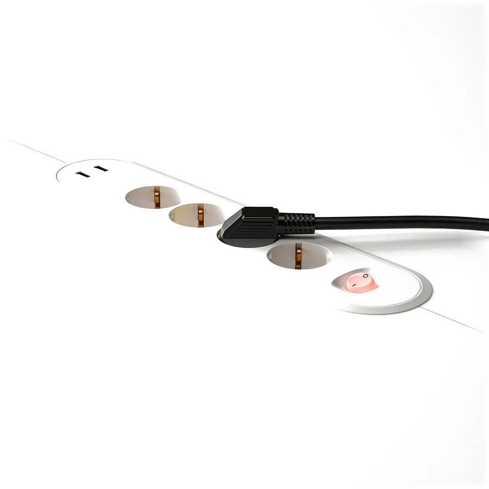 Under-table power module with three outlets and usb ports, featuring a red power indicator light.