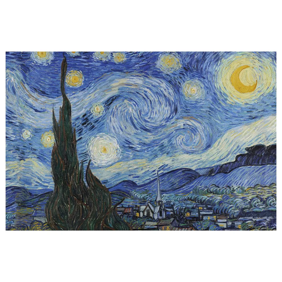 PJÄTTERYD canvas print: blue night sky with yellow stars, green tree, village homes, white church. Vincent van gogh style.