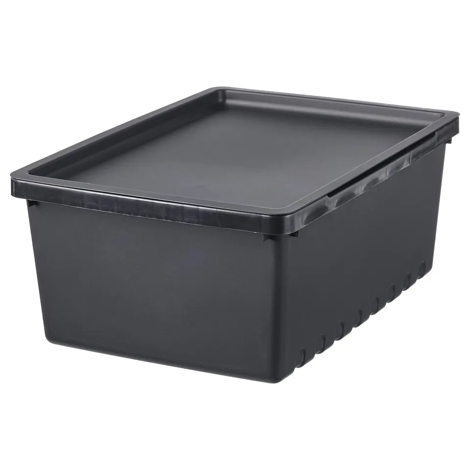 Grey UPPSNOFSAD storage box, rectangular with lid, durable polypropylene, recycled content.