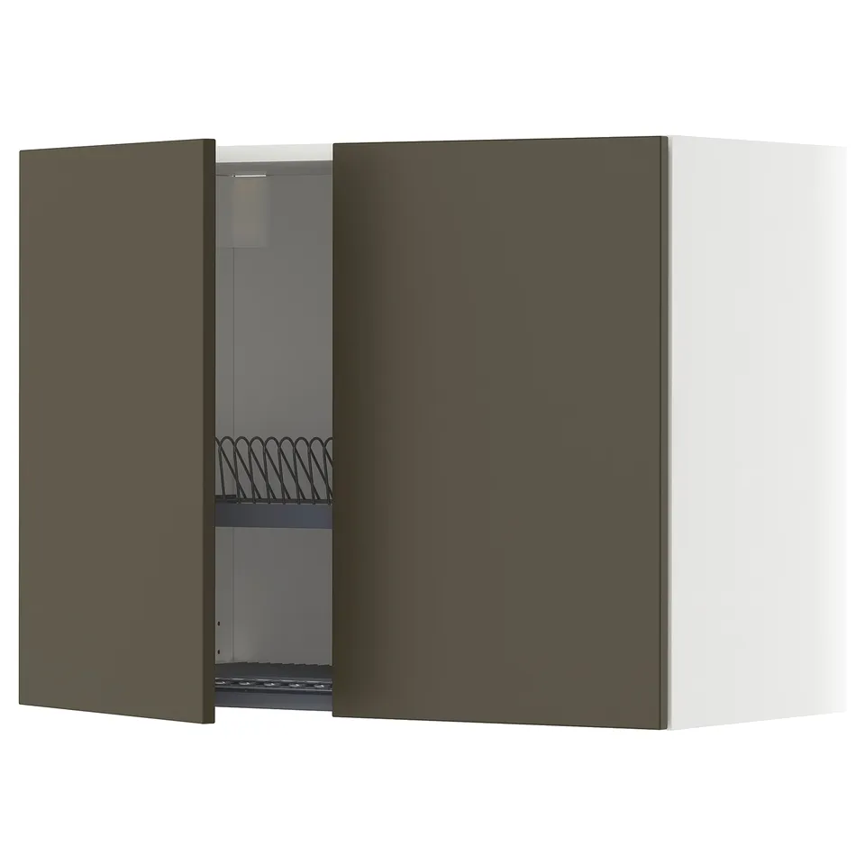 Dark brown METOD kitchen wall cabinet with adjustable shelf and dish drainer.