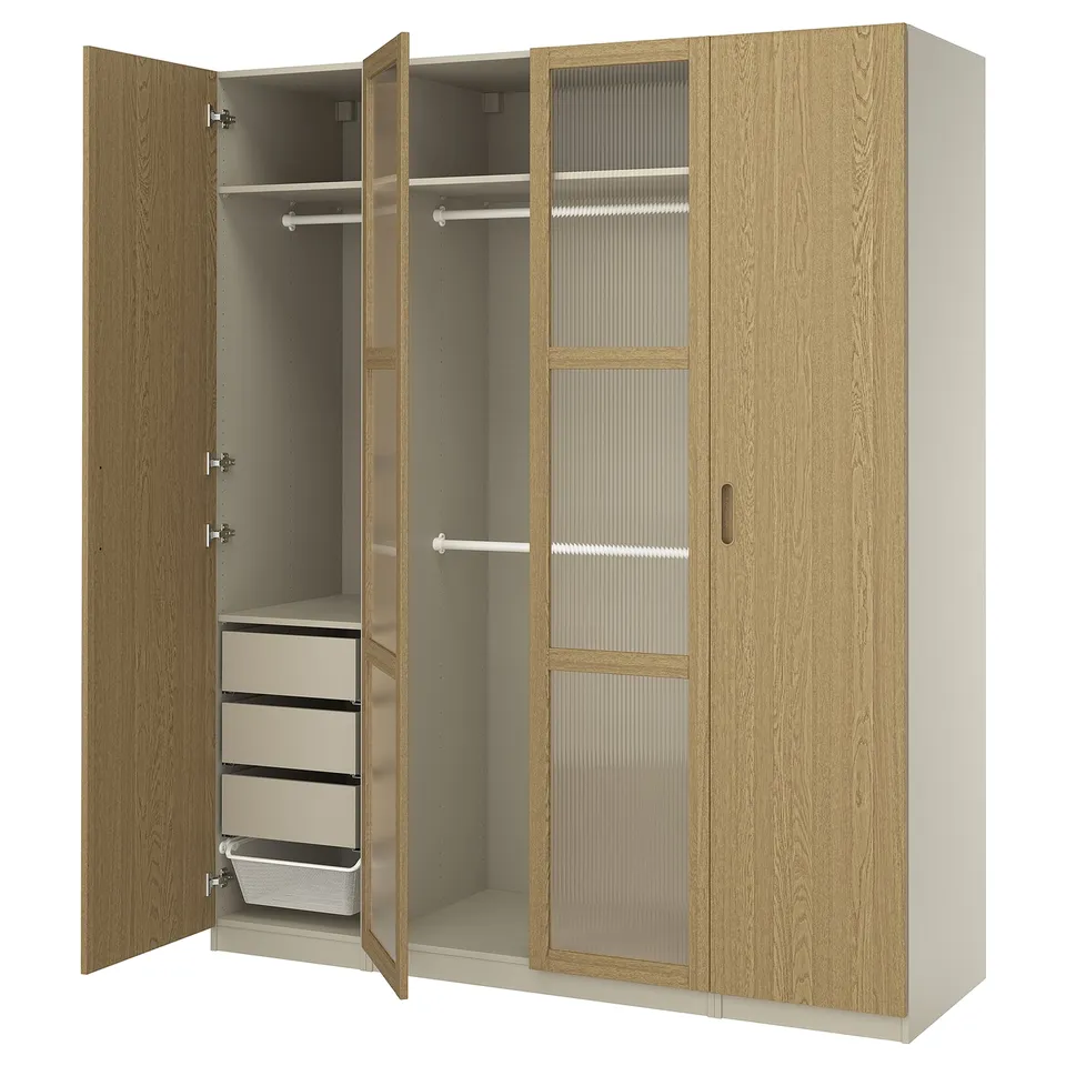PAX wardrobe, oak, soft closing doors, drawers, hanging space.