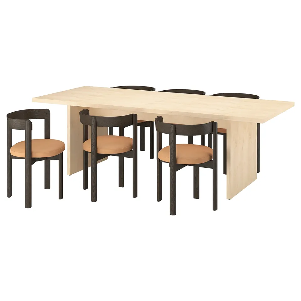 BERGSHYTTAN / STOCKHOLM 2025 Table and 6 chairs, tinted effect birch veneer/leather dark brown, 240x93 cm