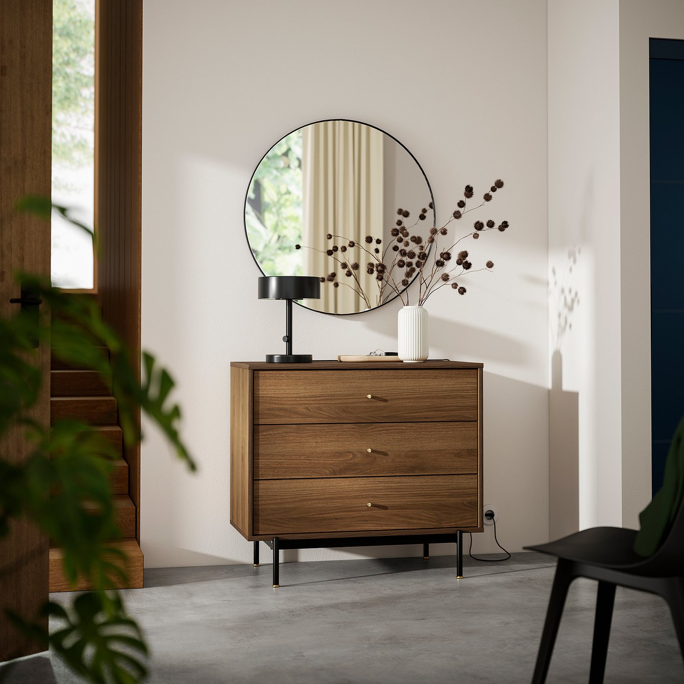 Wooden 3-drawer chest, mid-century design, walnut colour, brass knobs, sleek lines, black metal legs, airy appearance, displayed in room.