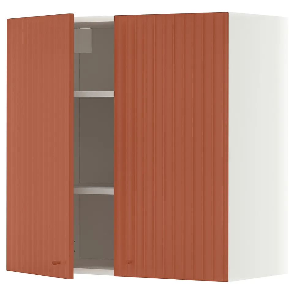 METOD Wall cabinet with shelves/2 doors, white/Terrsjö red-brown wave pattern, 80x37x80 cm