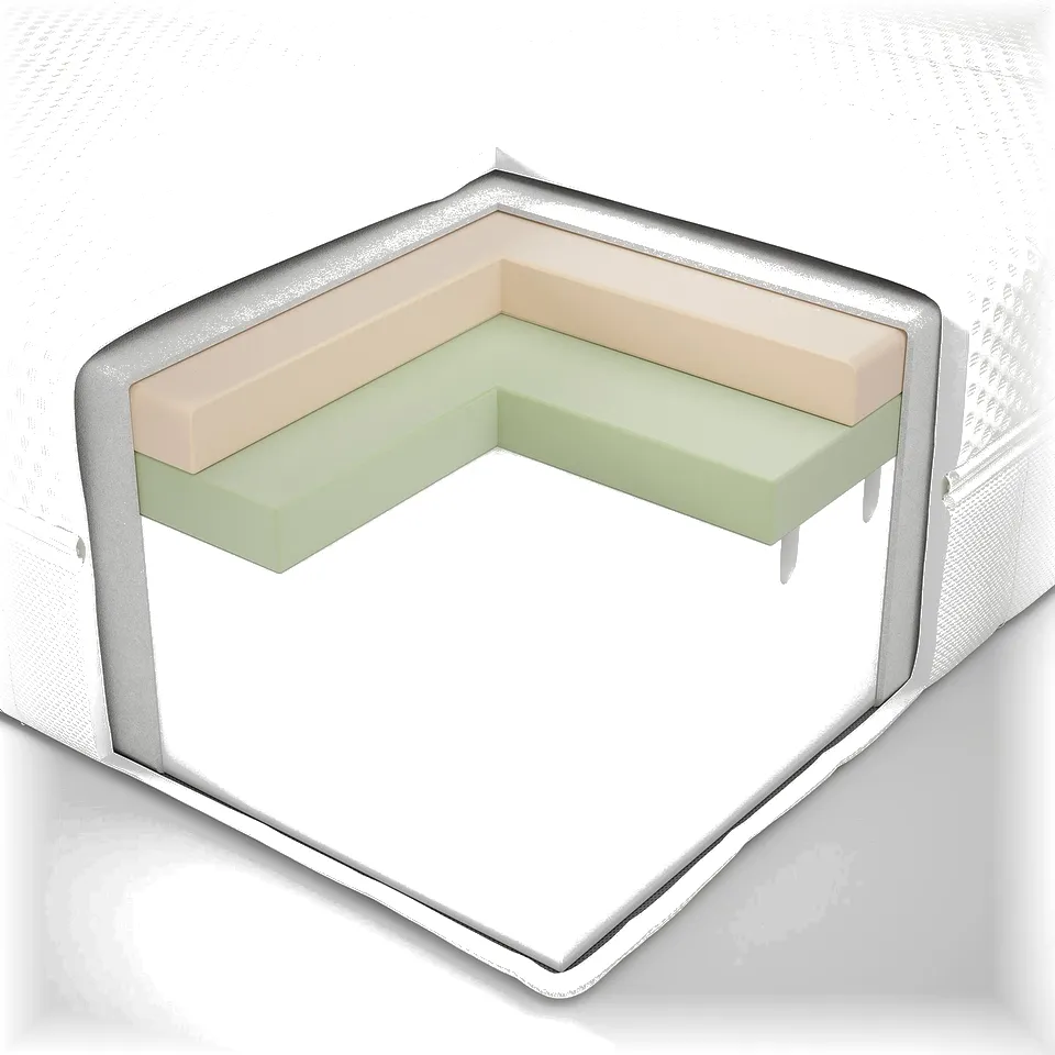 Image depicts a cross-sectional view of a layered mattress. From top to bottom: fabric cover, memory foam, comfort foam, base foam.