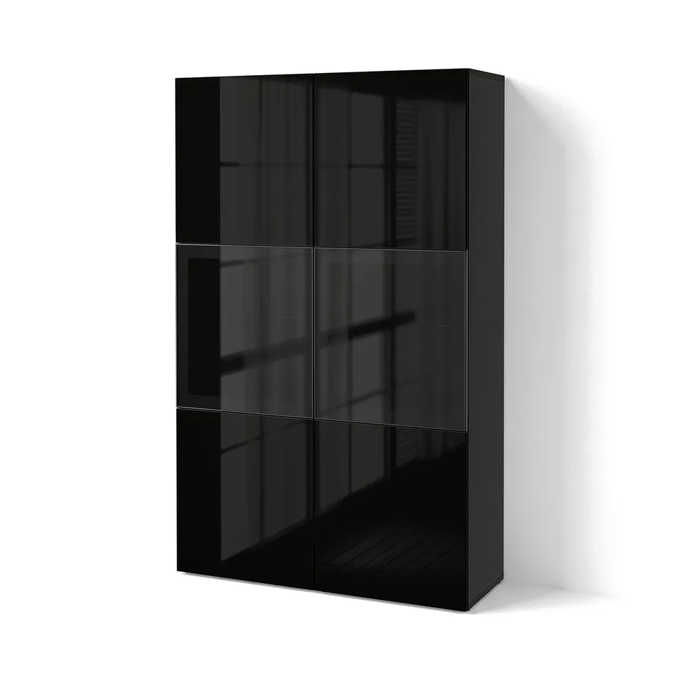 BESTÅ Storage combination w glass doors, black-brown/Selsviken high-gloss/black smoked glass, 120x42x193 cm