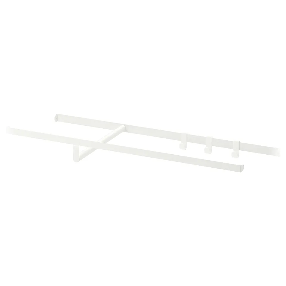 A white HJÄLPA clothes rail with multiple hooks for hanging clothes in shallow wardrobes.
