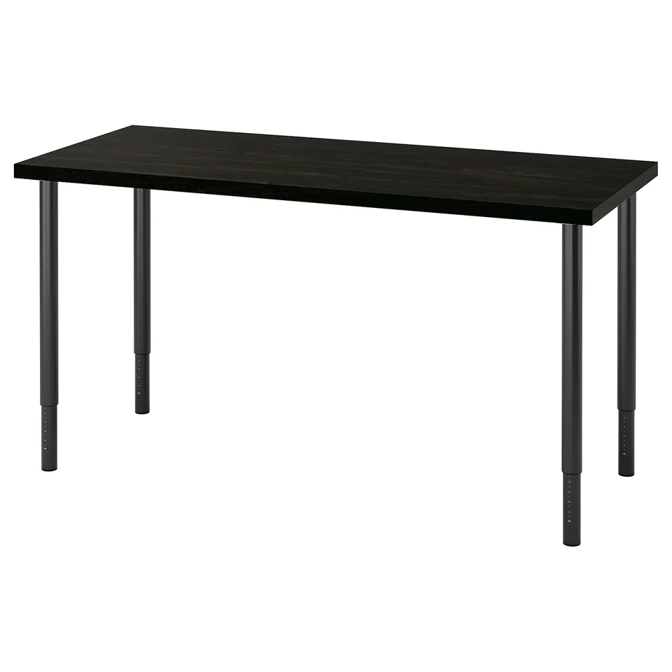 A LAGKAPTEN desk, featuring a rectangular black tabletop and adjustable metallic legs. Its a sleek and modern design, ideal for various settings.