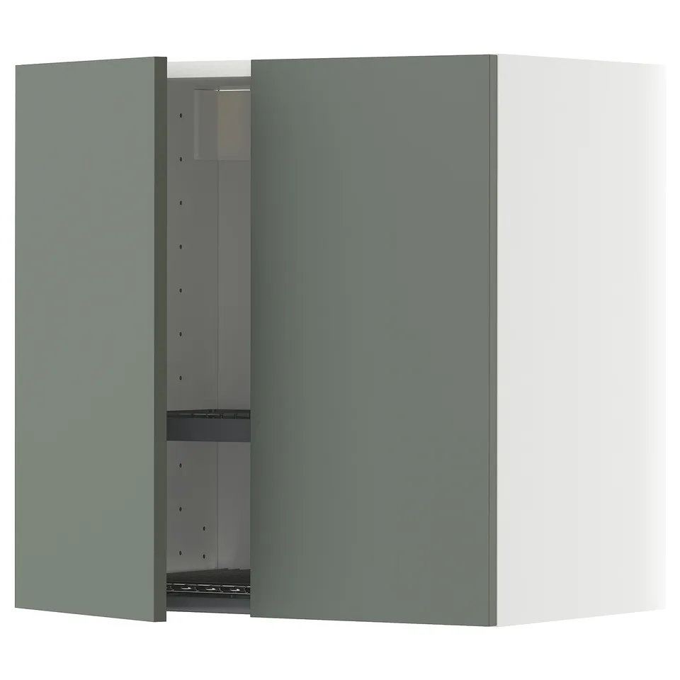 Green-grey METOD wall cabinet with adjustable shelves and left-side hinge.
