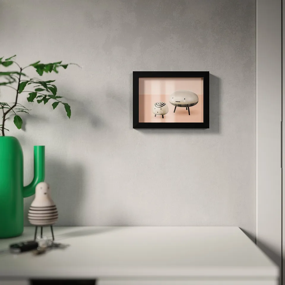 Modern picture frame with 3d stools, hangs or stands, versatile for any space.