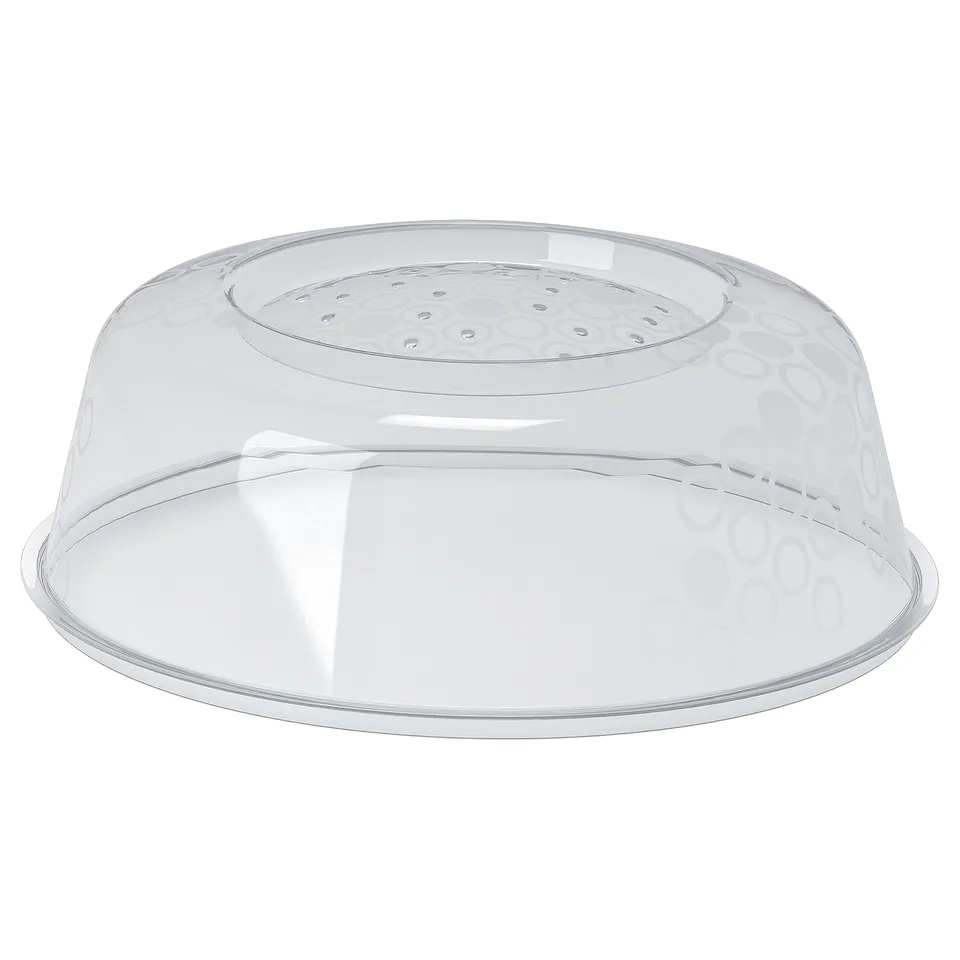 PRICKIG: transparent plastic microwave cover, dome-shaped with small holes to release steam, fits most microwave sizes.