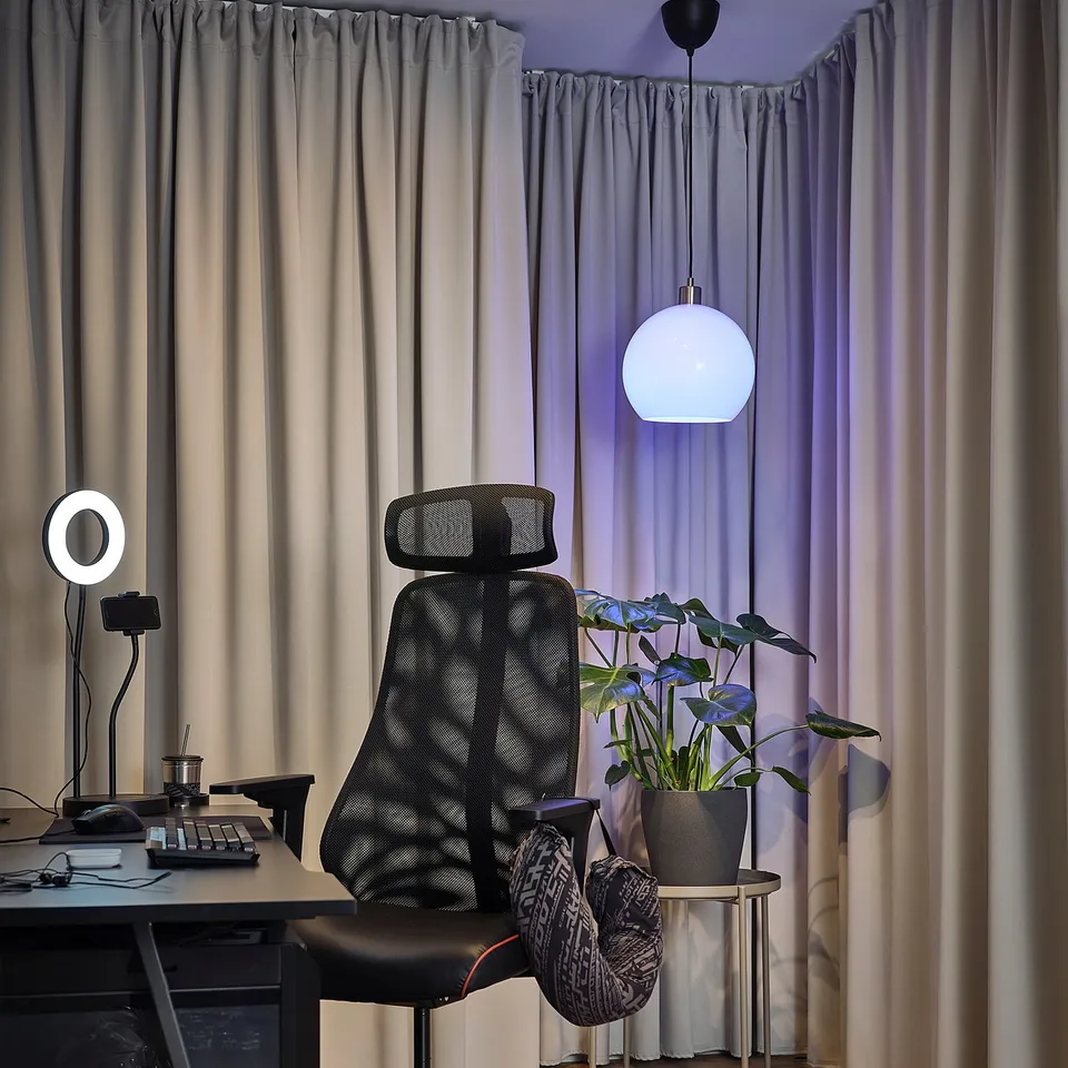 Black home office with desk, lamp, chair, ring light, plant, grey curtains.