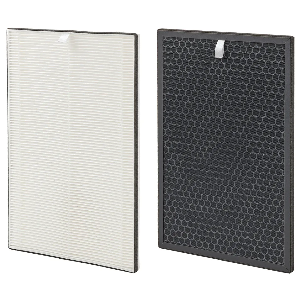 Two air purifier philtres: white textured, black honeycomb.