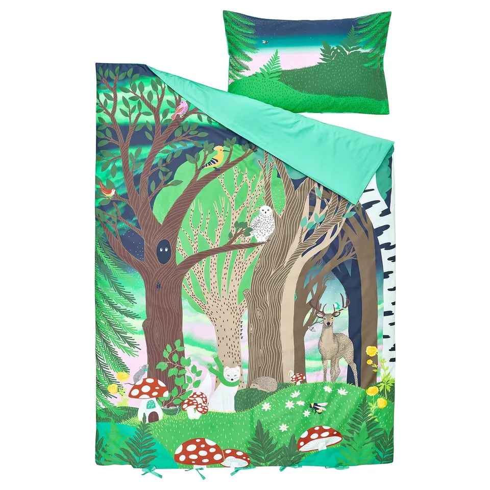Enchanted forest duvet set with trees, deer, owl, mushrooms. Soft green, blue, white. Cotton & viscose. Includes duvet & pillowcase.