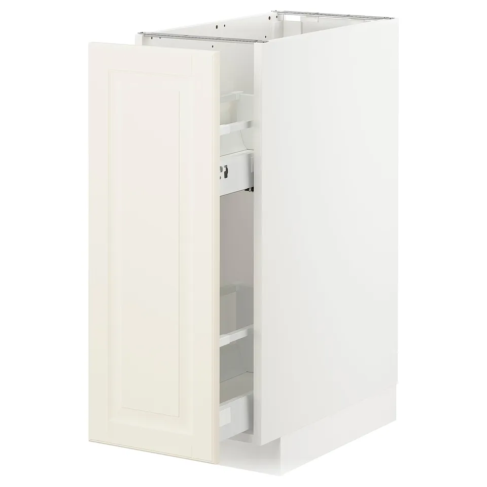 A white METOD kitchen cabinet with bevelled edges, featuring a pull-out drawer inside.