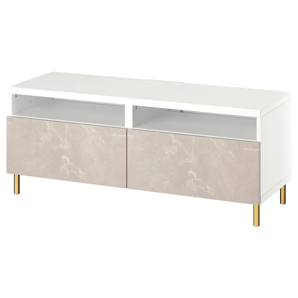 Modern white tv stand with marble-effect drawers, gold legs, and open storage.