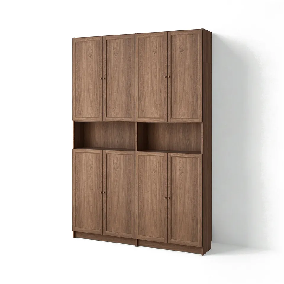 BILLY bookcase, brown, wooden, rectangular, six doors.