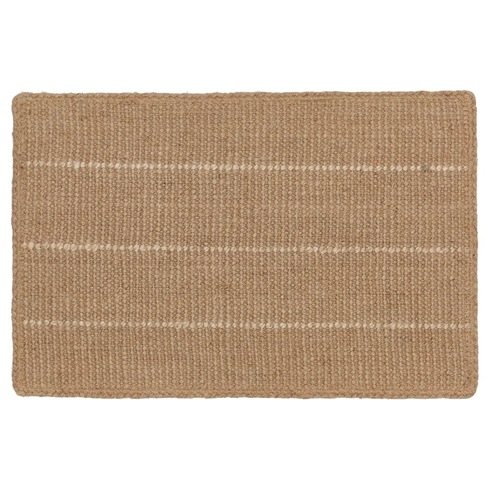 TIOKRONA brown jute door mat with stripes and braided edges.