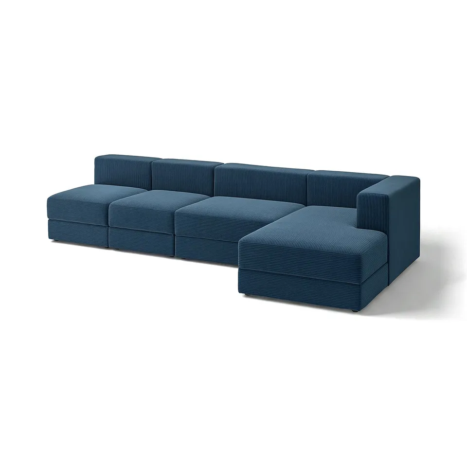 Blue modular sofa, modern design, l-shaped with storage, soft comfort.
