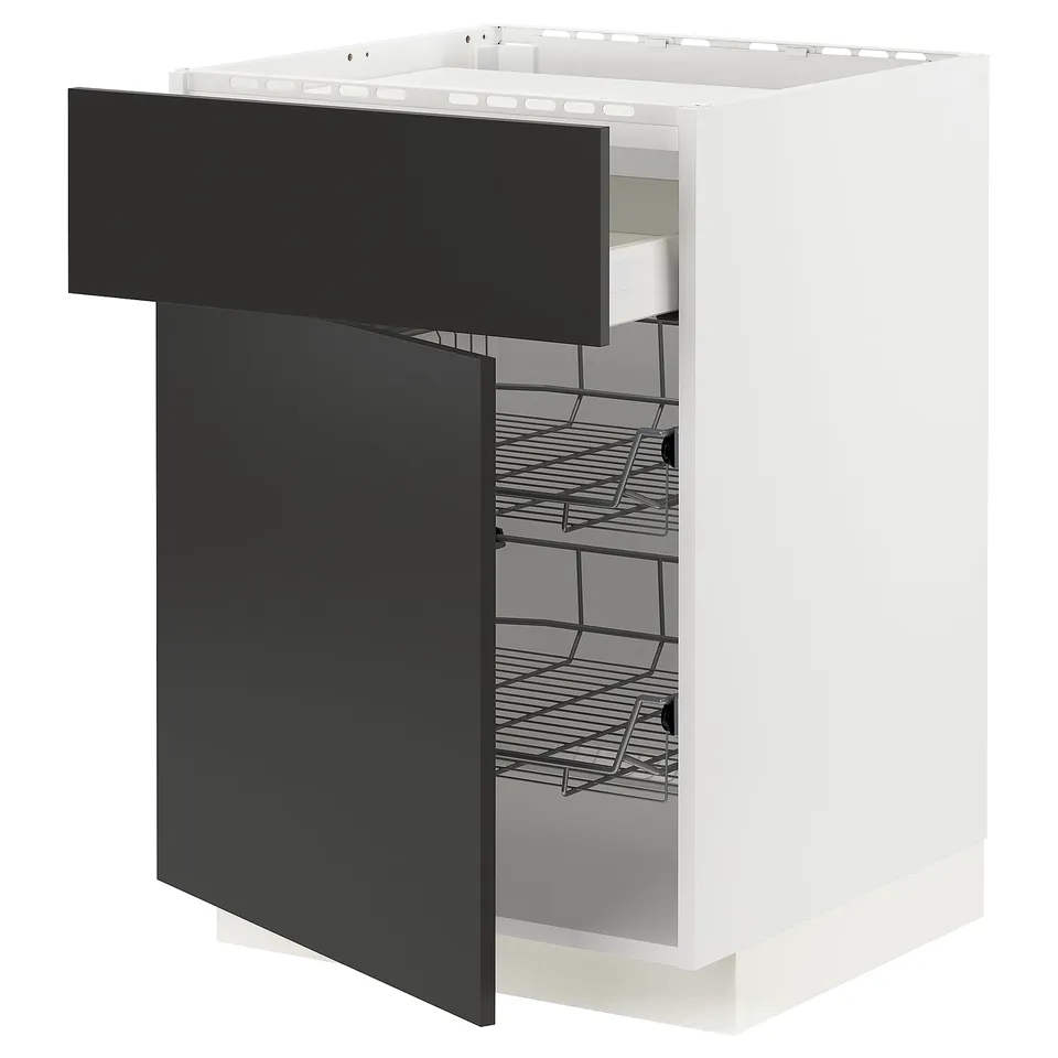 Modern white kitchen cabinet with black drawers, metal racks, sleek design.