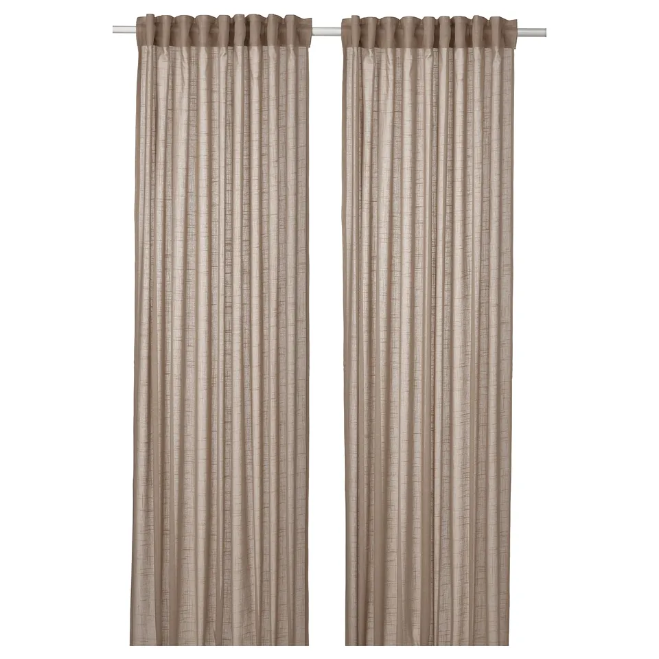 Two beige SILVERLÖNN sheer curtains hang side by side, featuring a linen-like texture. They have a rod pocket at the top and are made of 100% cotton.
