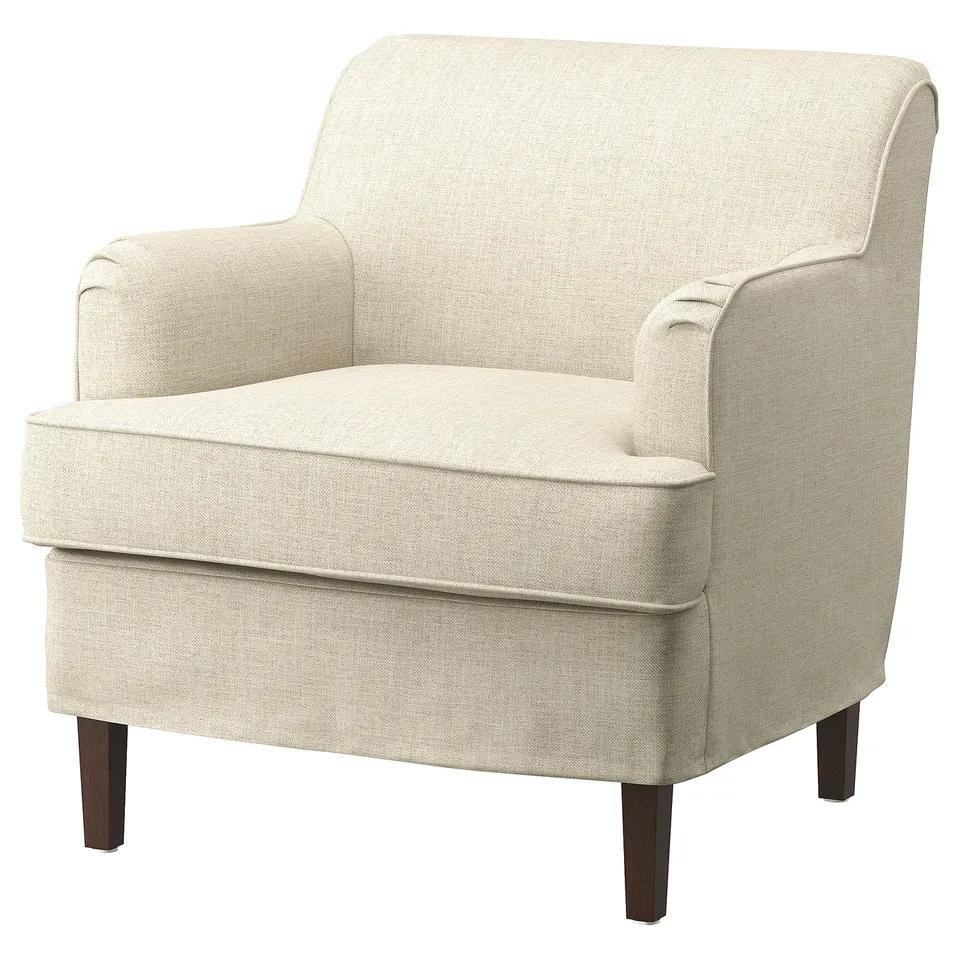 Rocksjön beige armchair: comfortable, curvy, cotton-blend, wooden legs, traditional design.