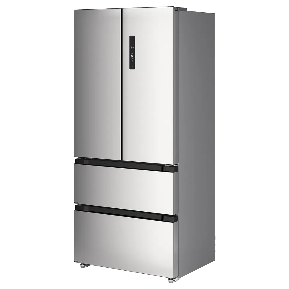 Stainless steel double-door refrigerator with adjustable shelves, led lights, and two freezer drawers. Perfect for food lovers and large households.